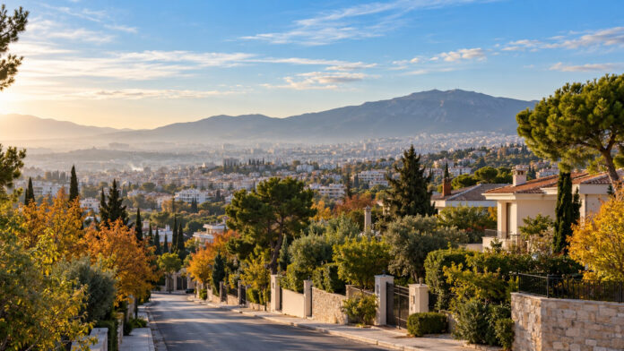 Ηλιόλουστο φθινοπωρινό πρωινό σε καταπράσινη γειτονιά των βορείων προαστίων με την Πάρνηθα στο βάθος