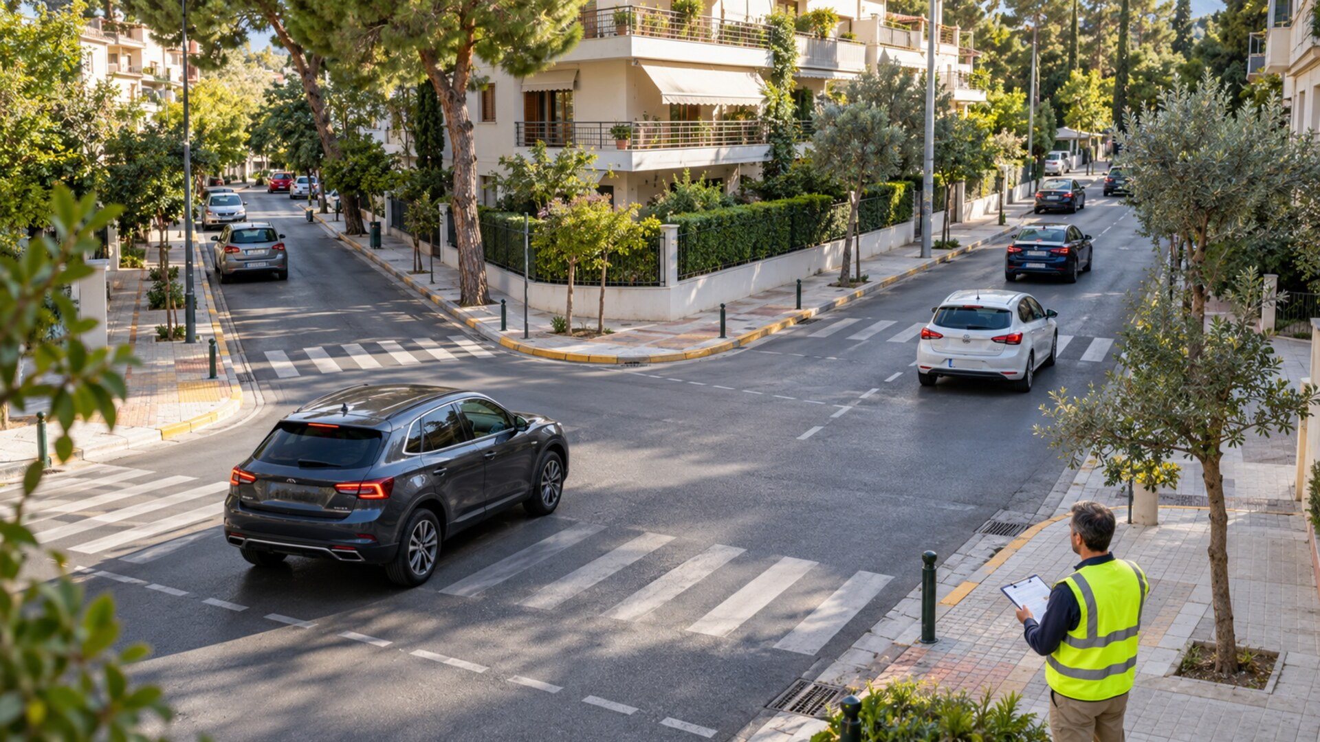Δενδροφυτεμένη διασταύρωση στην Κάτω Πεύκη με οχήματα και έλεγχο κυκλοφοριακού σχεδιασμού