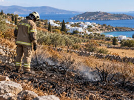 Κέα: Σύλληψη και πρόστιμο 2.250 ευρώ για πυρκαγιά σε αγροτοδασική έκταση Πυροσβέστης επιθεωρεί καμένη αγροτοδασική έκταση σε νησιωτικό τοπίο