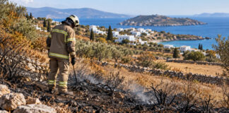Κέα: Σύλληψη και πρόστιμο 2.250 ευρώ για πυρκαγιά σε αγροτοδασική έκταση Πυροσβέστης επιθεωρεί καμένη αγροτοδασική έκταση σε νησιωτικό τοπίο