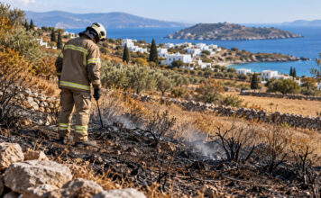 Κέα: Σύλληψη και πρόστιμο 2.250 ευρώ για πυρκαγιά σε αγροτοδασική έκταση Πυροσβέστης επιθεωρεί καμένη αγροτοδασική έκταση σε νησιωτικό τοπίο