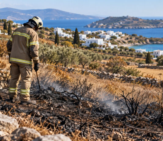 Κέα: Σύλληψη και πρόστιμο 2.250 ευρώ για πυρκαγιά σε αγροτοδασική έκταση Πυροσβέστης επιθεωρεί καμένη αγροτοδασική έκταση σε νησιωτικό τοπίο