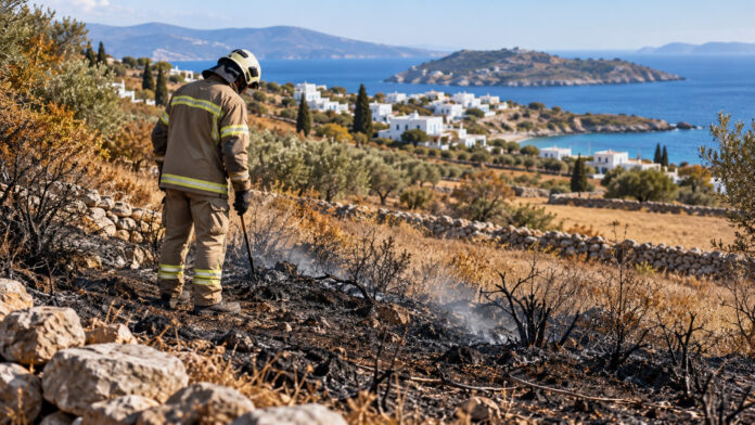 Πυροσβέστης επιθεωρεί καμένη αγροτοδασική έκταση σε νησιωτικό τοπίο