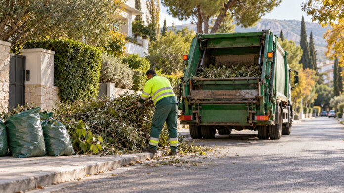 Τακτοποιημένα κλαδιά και φύλλα δίπλα σε όχημα δημοτικής αποκομιδής σε πράσινη γειτονιά