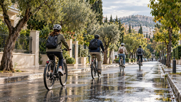 Ποδηλάτες κινούνται σε δενδροφυτεμένο αστικό δρόμο μετά τη βροχή