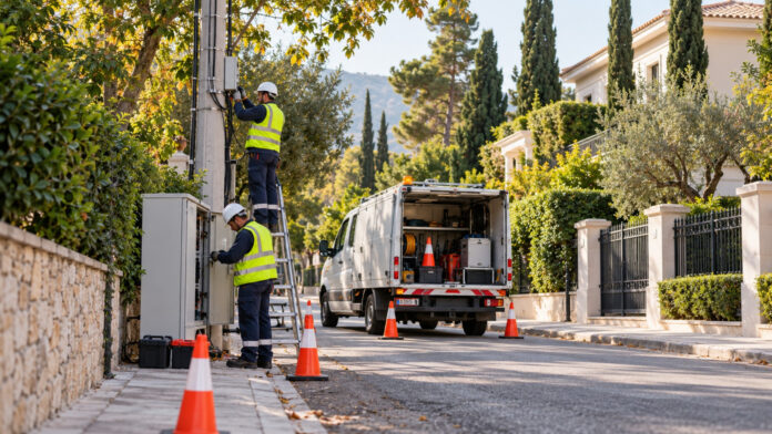 Συνεργείο ηλεκτρικού δικτύου εκτελεί εργασίες σε δενδροφυτεμένο δρόμο της Κηφισιάς