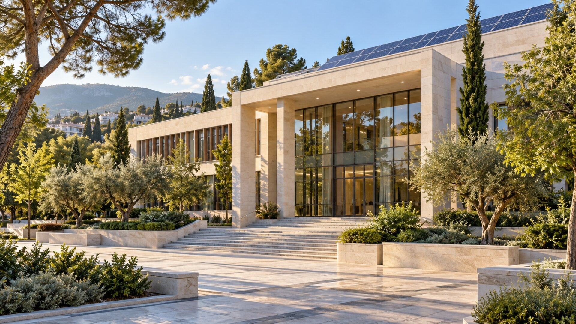 Σύγχρονο δημόσιο κτήριο σε καταπράσινο αστικό περιβάλλον