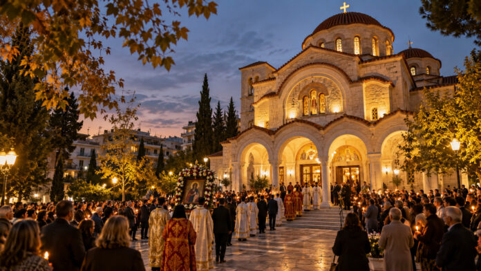 Βραδινή θρησκευτική πομπή μπροστά από φωτισμένο ορθόδοξο ναό