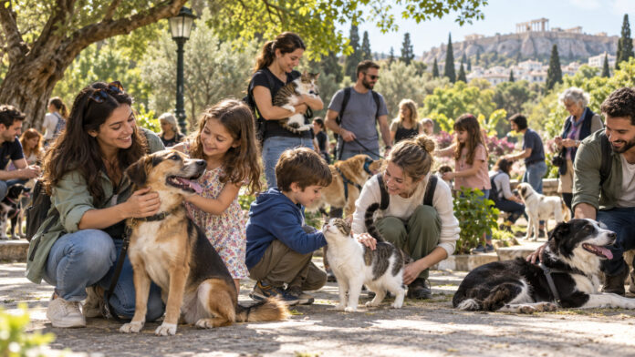Οικογένειες και εθελοντές γνωρίζουν σκύλους και γάτες σε πράσινο αστικό πάρκο