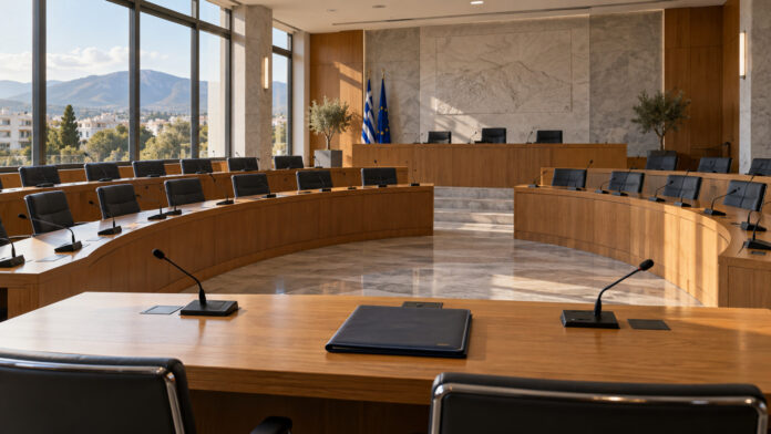 kifisia-logodosia-mataiosi-20261007-1530-1920x1080-1 Άδεια αίθουσα δημοτικού συμβουλίου με έδρανα, μικρόφωνα και κλειστό φάκελο ημερήσιας διάταξης