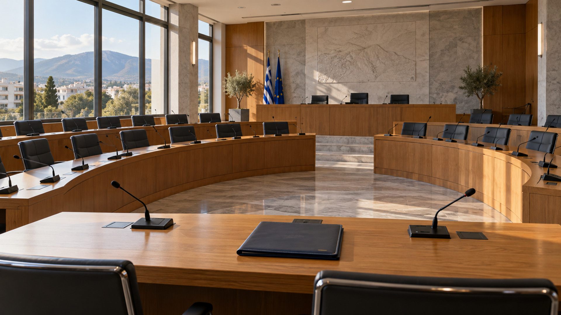 Άδεια αίθουσα δημοτικού συμβουλίου με έδρανα, μικρόφωνα και κλειστό φάκελο ημερήσιας διάταξης