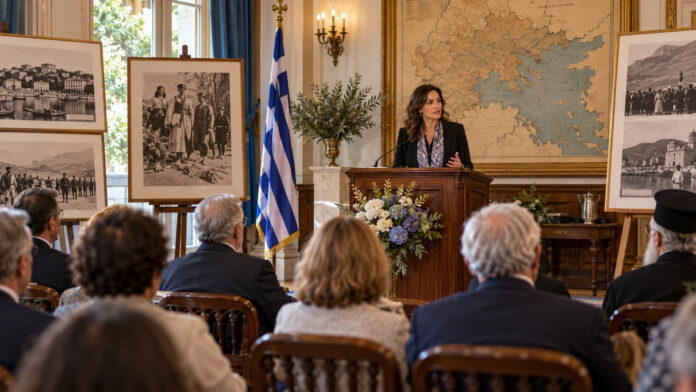 Αίθουσα εκδήλωσης ιστορικής μνήμης με ομιλήτρια και αρχειακό υλικό για τη Μακεδονία