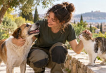 Κηφισιά: Η προστασία των αδέσποτων είναι υπόθεση κάθε ημέρας Εθελόντρια φροντίζει έναν σκύλο και μία γάτα σε πράσινο αστικό περιβάλλον