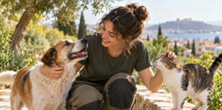 Κηφισιά: Η προστασία των αδέσποτων είναι υπόθεση κάθε ημέρας Εθελόντρια φροντίζει έναν σκύλο και μία γάτα σε πράσινο αστικό περιβάλλον