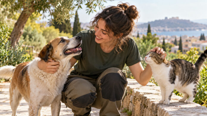 Εθελόντρια φροντίζει έναν σκύλο και μία γάτα σε πράσινο αστικό περιβάλλον