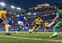 Κηφισιά–Παναιτωλικός 2-0: Δεύτερη σερί νίκη με Πόμπο και Αμπάντα Φάση ποδοσφαιρικού αγώνα με παίκτη σε μπλε φανέλα να σουτάρει απέναντι σε άμυνα με κίτρινες εμφανίσεις