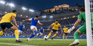 Κηφισιά–Παναιτωλικός 2-0: Δεύτερη σερί νίκη με Πόμπο και Αμπάντα Φάση ποδοσφαιρικού αγώνα με παίκτη σε μπλε φανέλα να σουτάρει απέναντι σε άμυνα με κίτρινες εμφανίσεις