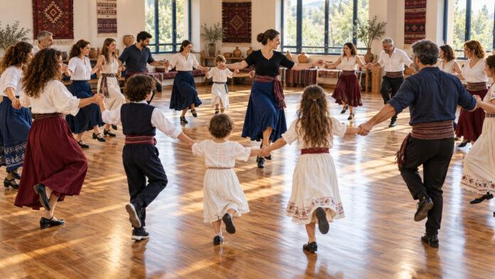 Παιδιά και ενήλικες μαθαίνουν ελληνικούς παραδοσιακούς χορούς σε φωτεινή δημοτική αίθουσα