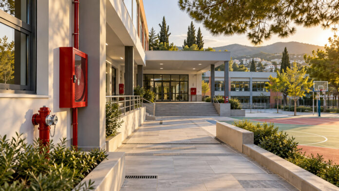 Σχολικό κτίριο με σύγχρονο εξοπλισμό πυροπροστασίας και ασφαλείς διαδρομές διαφυγής