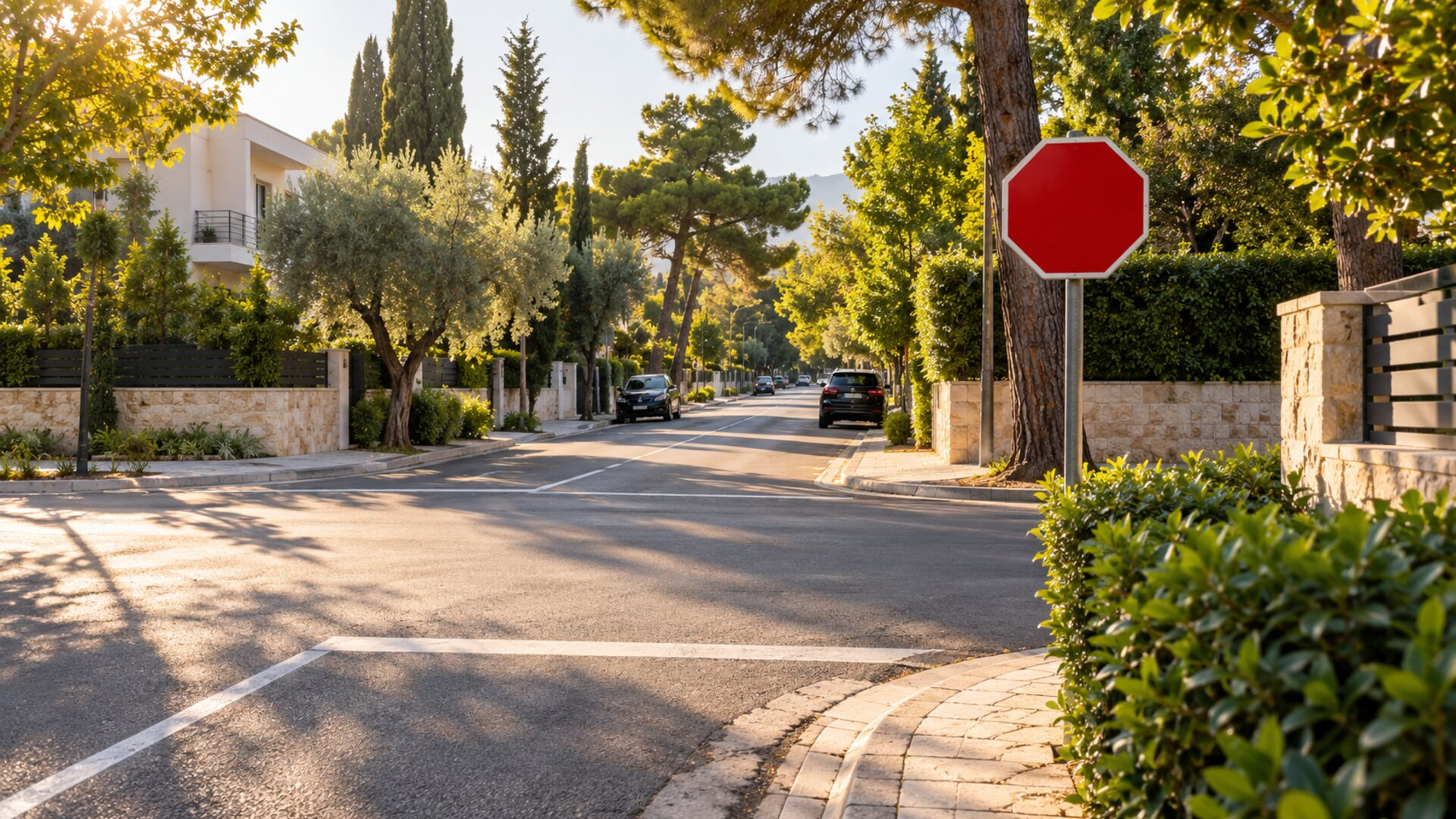 Κόκκινη πινακίδα STOP σε πράσινη κατοικημένη διασταύρωση της Κηφισιάς