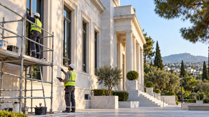 Συνεργεία συντήρησης εργάζονται σε δημοτικό κτίριο με ικριώματα και εξοπλισμό