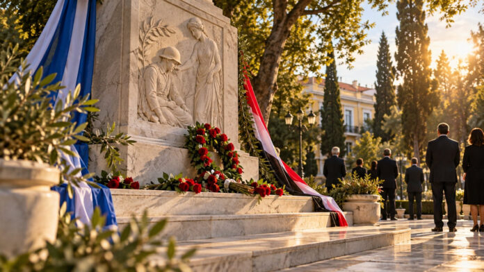 Μνημείο με κόκκινα τριαντάφυλλα σε τελετή ιστορικής μνήμης
