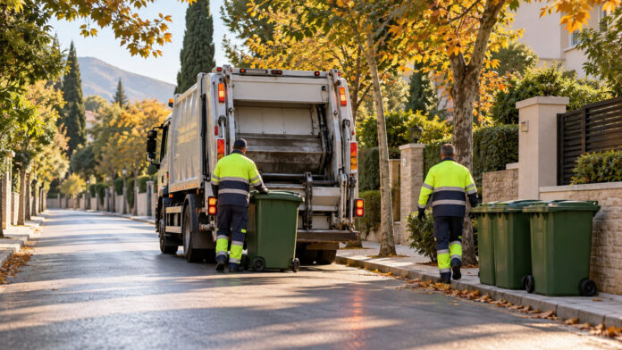 Απορριμματοφόρο και εργαζόμενοι καθαριότητας σε δενδροφυτεμένο δρόμο