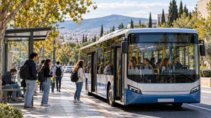 Σύγχρονο δημοτικό λεωφορείο μεταφέρει φοιτητές σε δενδροφυτεμένο δρόμο της Κηφισιάς
