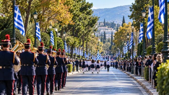 Στολισμένη λεωφόρος με ελληνικές σημαίες, φιλαρμονική και μαθητές σε εορταστική παρέλαση