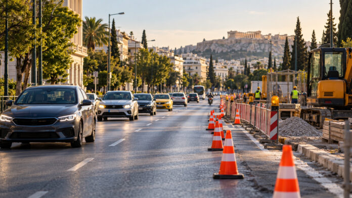 Οχήματα κινούνται δίπλα σε προσωρινά έργα και κώνους σε μεγάλη αστική λεωφόρο
