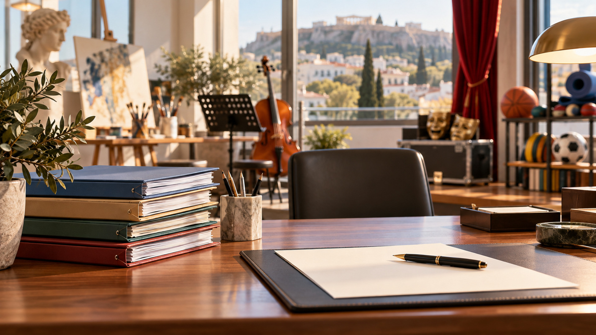 Φάκελοι αιτήσεων δίπλα σε μουσικά όργανα, υλικά τέχνης και αθλητικό εξοπλισμό
