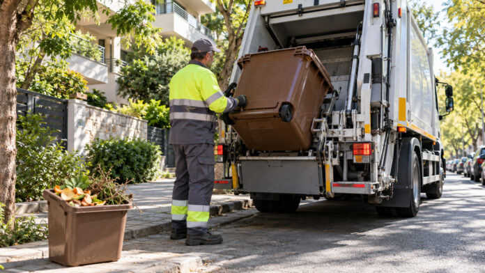 Δημοτικός εργαζόμενος αδειάζει καφέ κάδο βιοαποβλήτων σε απορριμματοφόρο