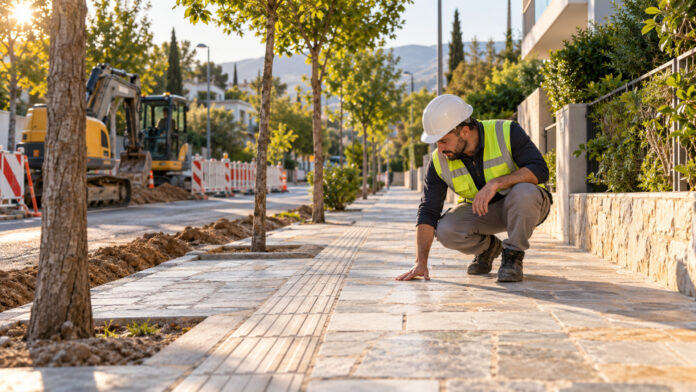 Τεχνικός ελέγχει αποκατεστημένο πεζοδρόμιο μετά από εργασίες δικτύου