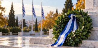 Λυκόβρυση–Πεύκη: Έως 16 Οκτωβρίου οι δηλώσεις για κατάθεση στεφάνου Δάφνινο στεφάνι με γαλανόλευκη κορδέλα σε μαρμάρινο χώρο τελετών