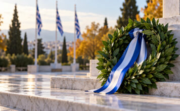 Λυκόβρυση–Πεύκη: Έως 16 Οκτωβρίου οι δηλώσεις για κατάθεση στεφάνου Δάφνινο στεφάνι με γαλανόλευκη κορδέλα σε μαρμάρινο χώρο τελετών