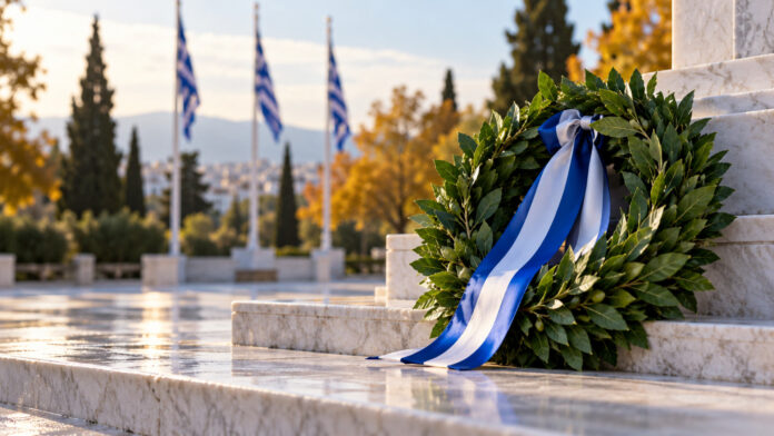 Δάφνινο στεφάνι με γαλανόλευκη κορδέλα σε μαρμάρινο χώρο τελετών