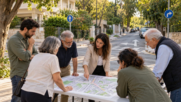 Κάτοικοι και ειδικός κινητικότητας εξετάζουν χάρτη προτεινόμενων κυκλοφοριακών αλλαγών