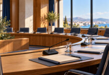 Λυκόβρυση–Πεύκη: Συνεδρίαση για αποδοχή δωρεάς εξοπλισμού Αίθουσα δημοτικής επιτροπής με έδρανα, μικρόφωνα και φακέλους συνεδρίασης