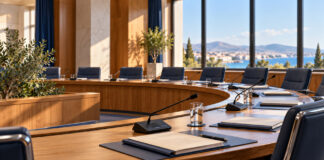 Λυκόβρυση–Πεύκη: Συνεδρίαση για αποδοχή δωρεάς εξοπλισμού Αίθουσα δημοτικής επιτροπής με έδρανα, μικρόφωνα και φακέλους συνεδρίασης