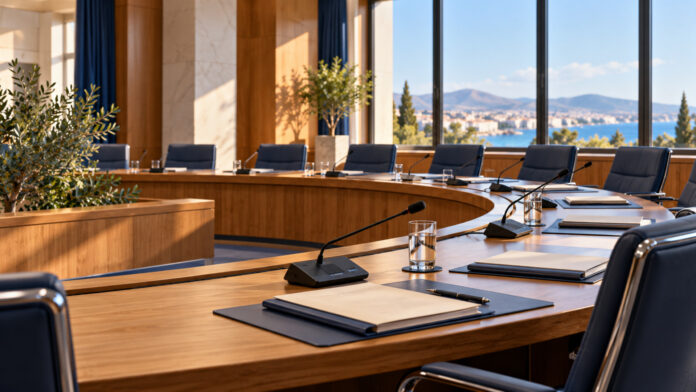Αίθουσα δημοτικής επιτροπής με έδρανα, μικρόφωνα και φακέλους συνεδρίασης