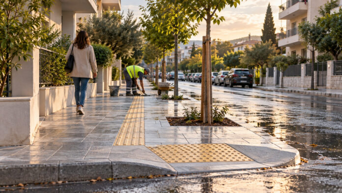 Αποκατεστημένο πεζοδρόμιο με όδευση τυφλών και ράμπα σε αστική γειτονιά