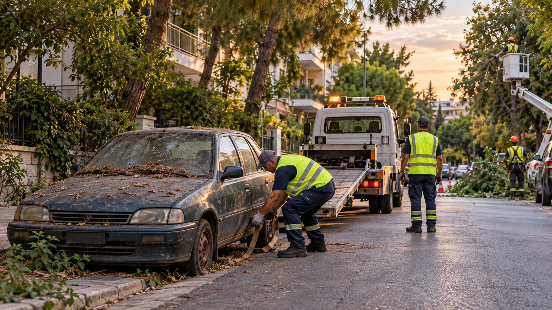 Δημοτικό συνεργείο προετοιμάζει την απομάκρυνση εγκαταλελειμμένου οχήματος σε δενδροφυτεμένο δρόμο