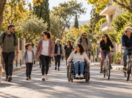 Λυκόβρυση–Πεύκη: Δράση για ασφαλή και προσβάσιμη μετακίνηση Πεζοί, ποδηλάτες και άτομο με αναπηρικό αμαξίδιο κινούνται μαζί σε ασφαλή αστικό δρόμο