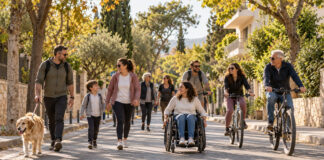 Λυκόβρυση–Πεύκη: Δράση για ασφαλή και προσβάσιμη μετακίνηση Πεζοί, ποδηλάτες και άτομο με αναπηρικό αμαξίδιο κινούνται μαζί σε ασφαλή αστικό δρόμο