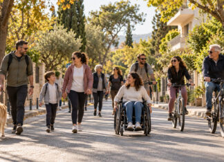Λυκόβρυση–Πεύκη: Δράση για ασφαλή και προσβάσιμη μετακίνηση Πεζοί, ποδηλάτες και άτομο με αναπηρικό αμαξίδιο κινούνται μαζί σε ασφαλή αστικό δρόμο