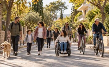 Λυκόβρυση–Πεύκη: Δράση για ασφαλή και προσβάσιμη μετακίνηση Πεζοί, ποδηλάτες και άτομο με αναπηρικό αμαξίδιο κινούνται μαζί σε ασφαλή αστικό δρόμο