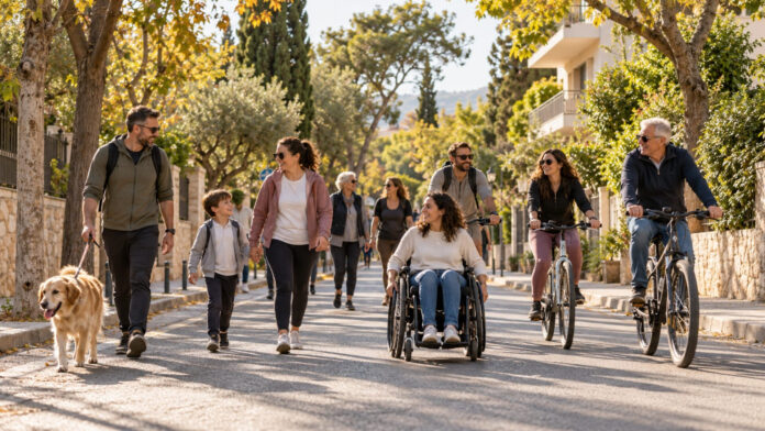Πεζοί, ποδηλάτες και άτομο με αναπηρικό αμαξίδιο κινούνται μαζί σε ασφαλή αστικό δρόμο