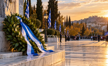 Μαρούσι: Το πρόγραμμα εορτασμού της 28ης Οκτωβρίου Στεφάνι δάφνης μπροστά σε μνημείο με γαλανόλευκες κορδέλες