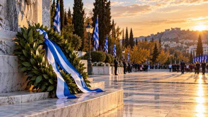 Στεφάνι δάφνης μπροστά σε μνημείο με γαλανόλευκες κορδέλες