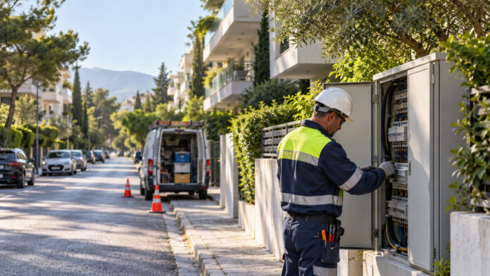 Τεχνικός ηλεκτρικού δικτύου εργάζεται σε οικιστικό δρόμο του Αμαρουσίου